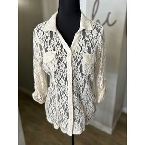 Charlotte Russe Vintage Y2K Lace Button Up Shirt Cream Sheer Size Large